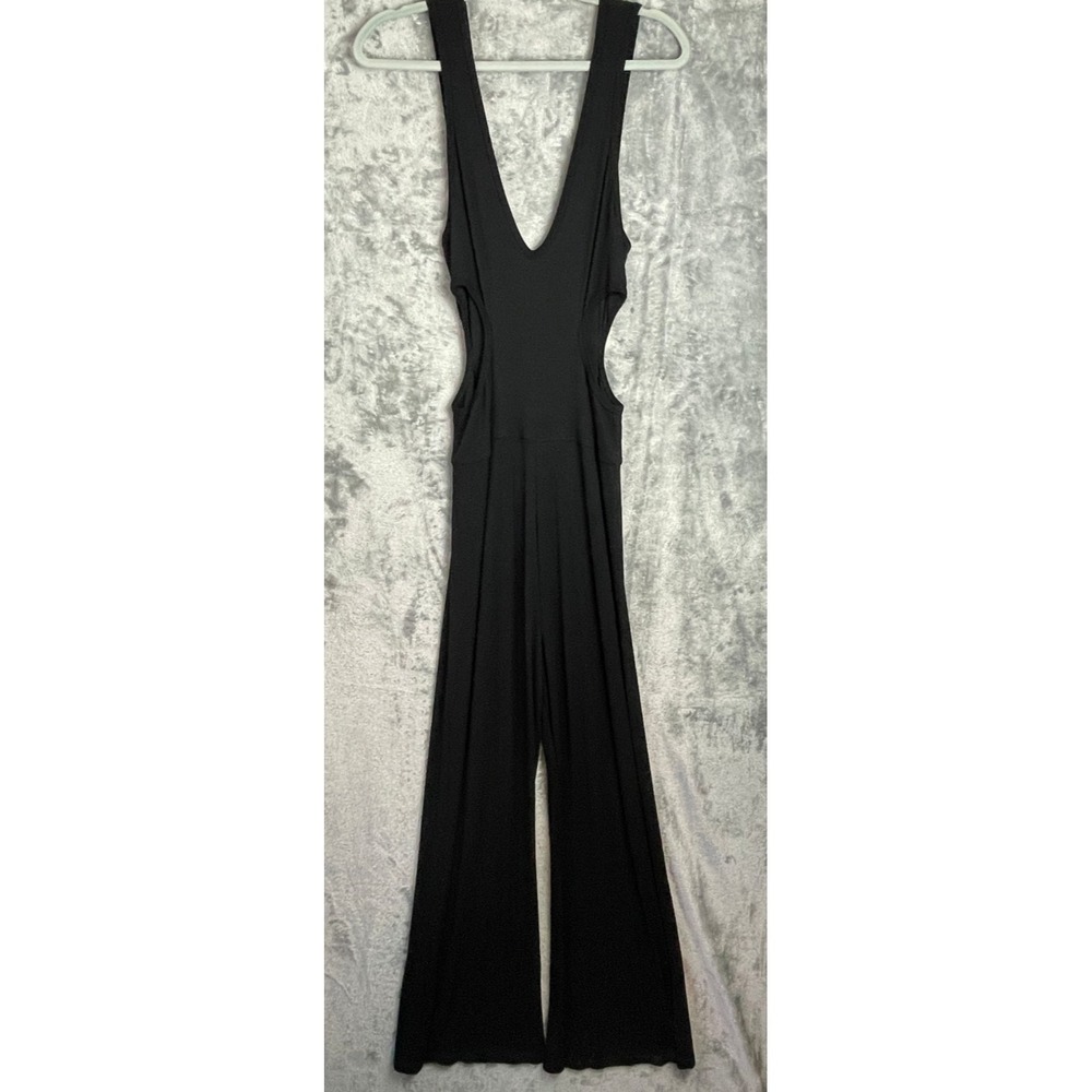 LNA Rowan Rib Jumpsuit Women's Large Black Wide Leg Cut Outs Boho Festival‎ NWT